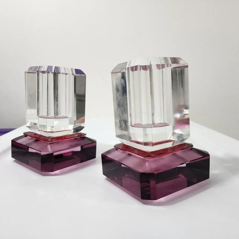 Anthropologie Crystal Cut Glass Vase Clear Pink 2Pc Set Stacked Footed Square